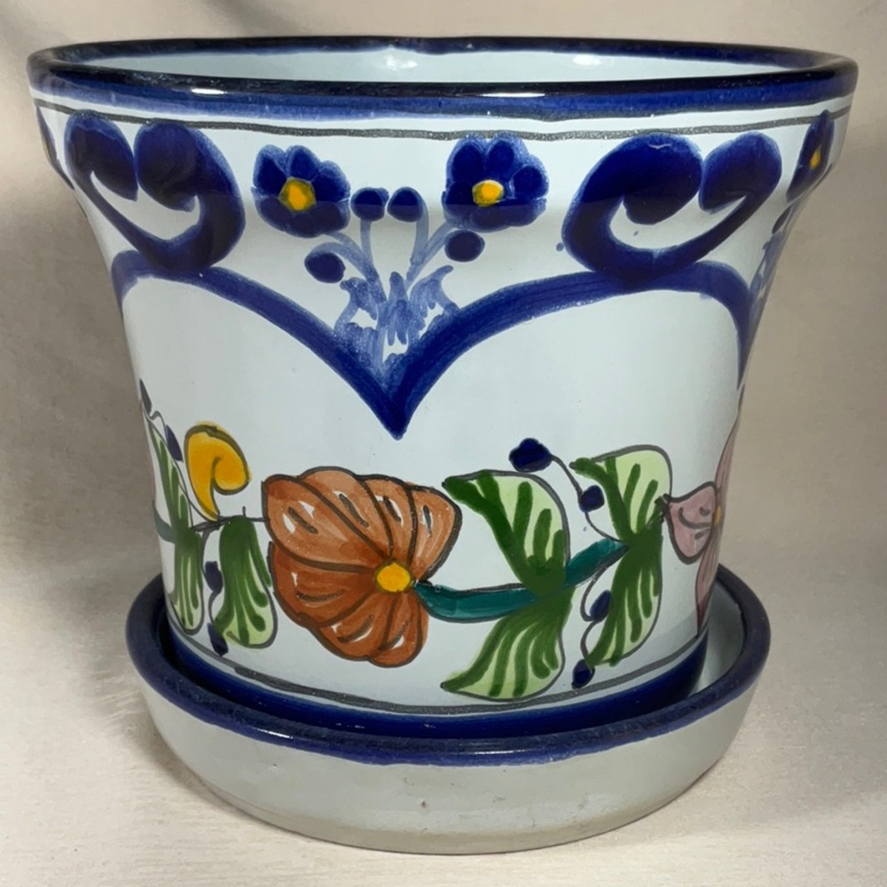 Vintage Talavera Mexican Pottery Planter Hand Painted Folk Art Ceramic Pot 7”